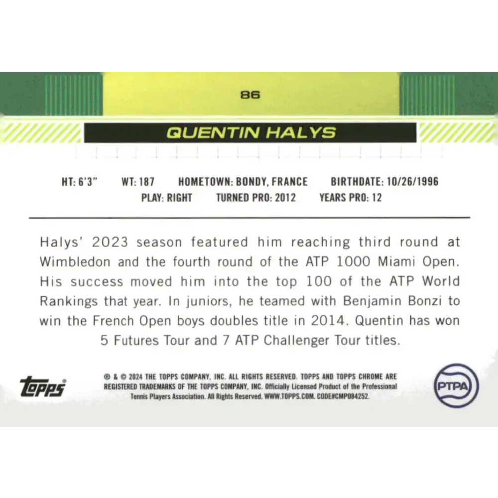 2024 Topps Chrome #86 Quentin Halys EX Excellent Tennis Card - Other
