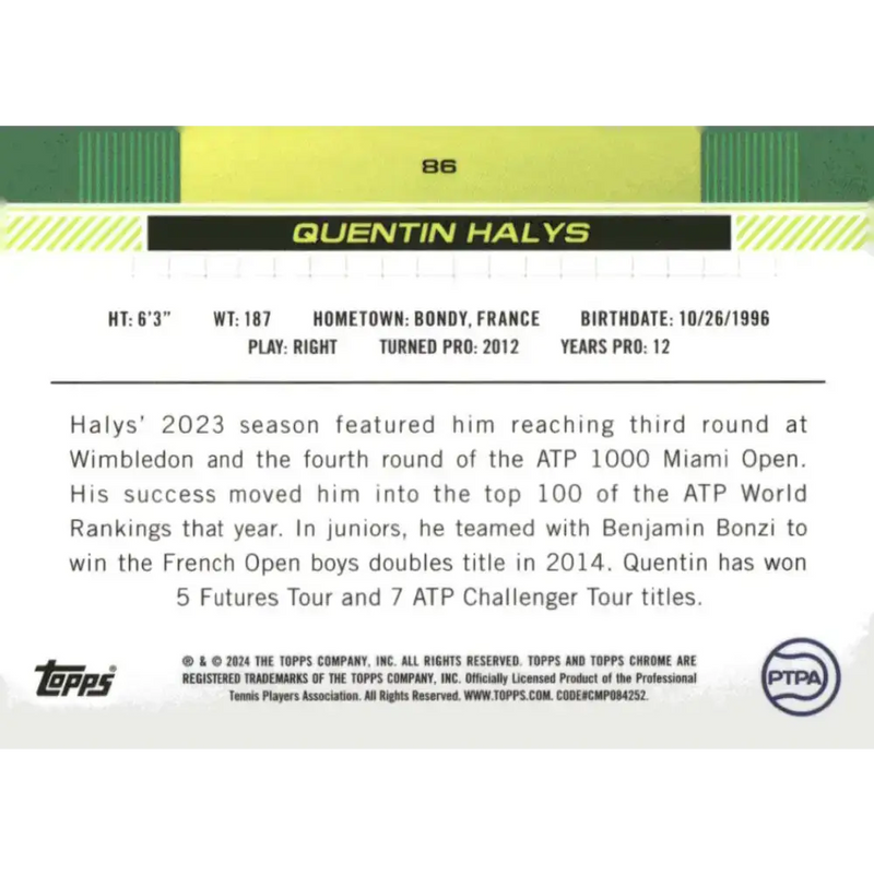 2024 Topps Chrome #86 Quentin Halys EX Excellent Tennis Card - Other