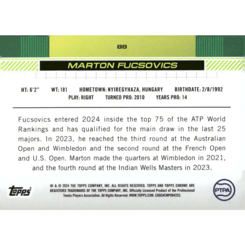 2024 Topps Chrome #88 Marton Fucsovics EX Excellent Tennis Card - Other