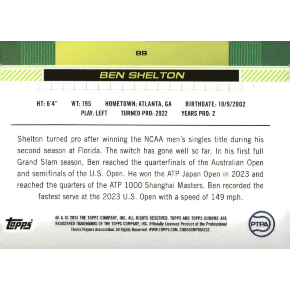 2024 Topps Chrome #89 Ben Shelton EX Excellent RC Rookie Tennis Card - Sports Memorabilia