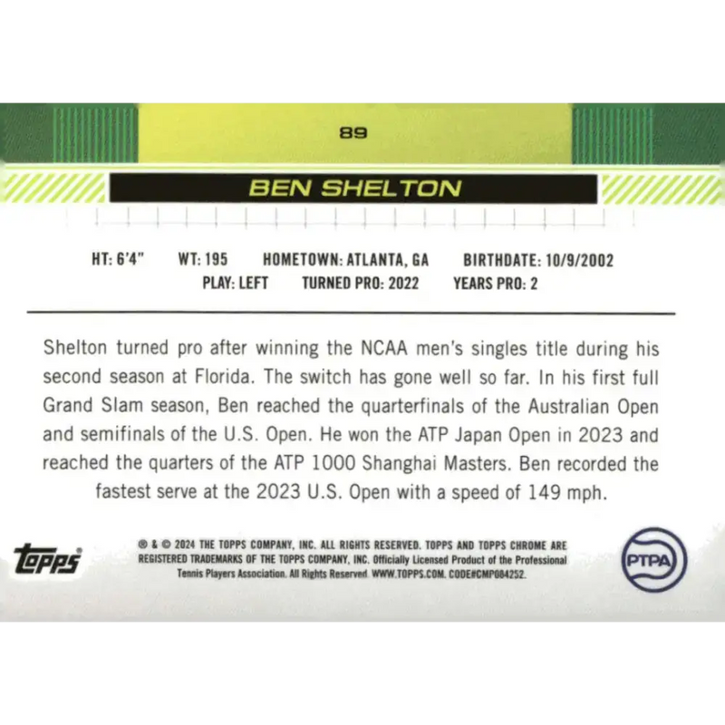 2024 Topps Chrome #89 Ben Shelton EX Excellent RC Rookie Tennis Card - Sports Memorabilia