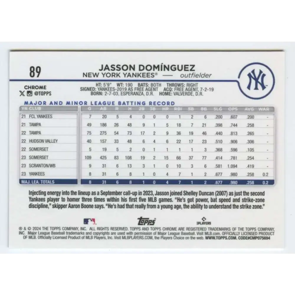 2024 Topps Chrome #89 Jasson Dominguez NM-MT RC Rookie New York Yankees Baseball Card - Baseball Card Single