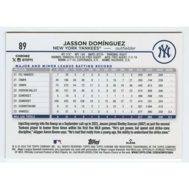 2024 Topps Chrome #89 Jasson Dominguez NM-MT RC Rookie New York Yankees Baseball Card - Baseball Card Single