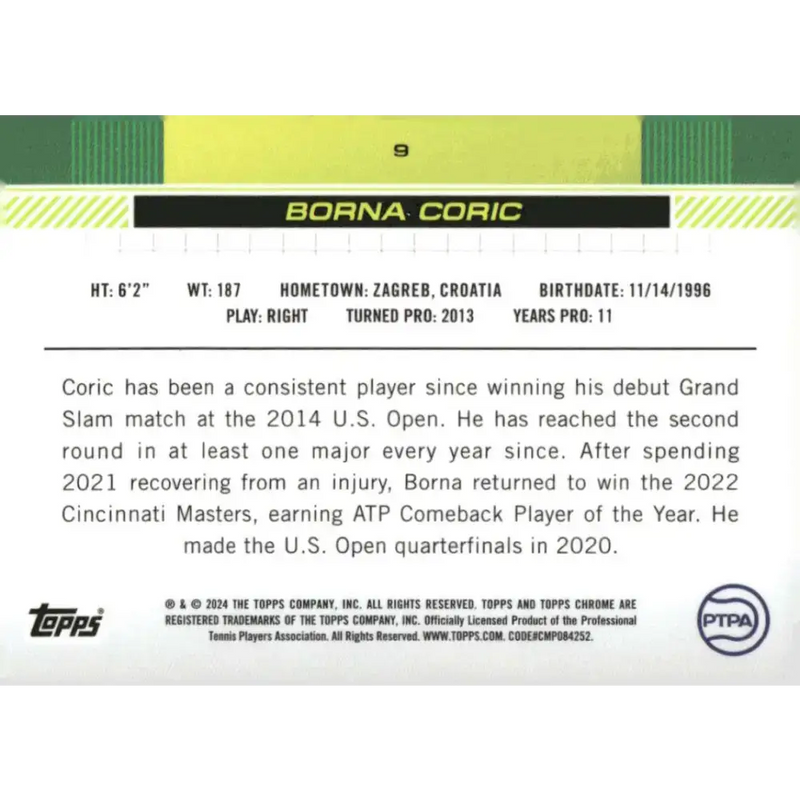 2024 Topps Chrome #9 Borna Coric EX Excellent Tennis Card - Other