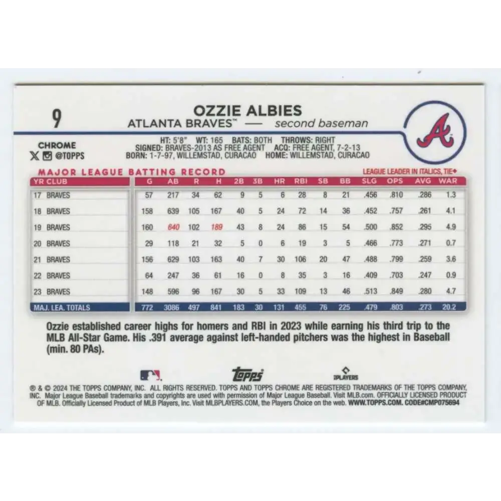 2024 Topps Chrome #9 Ozzie Albies NM-MT Atlanta Braves Baseball Card - Baseball Card Single