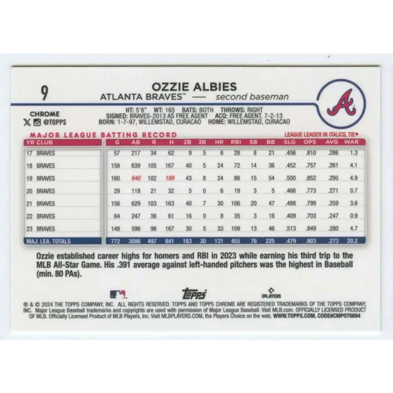 2024 Topps Chrome #9 Ozzie Albies NM-MT Atlanta Braves Baseball Card - Baseball Card Single