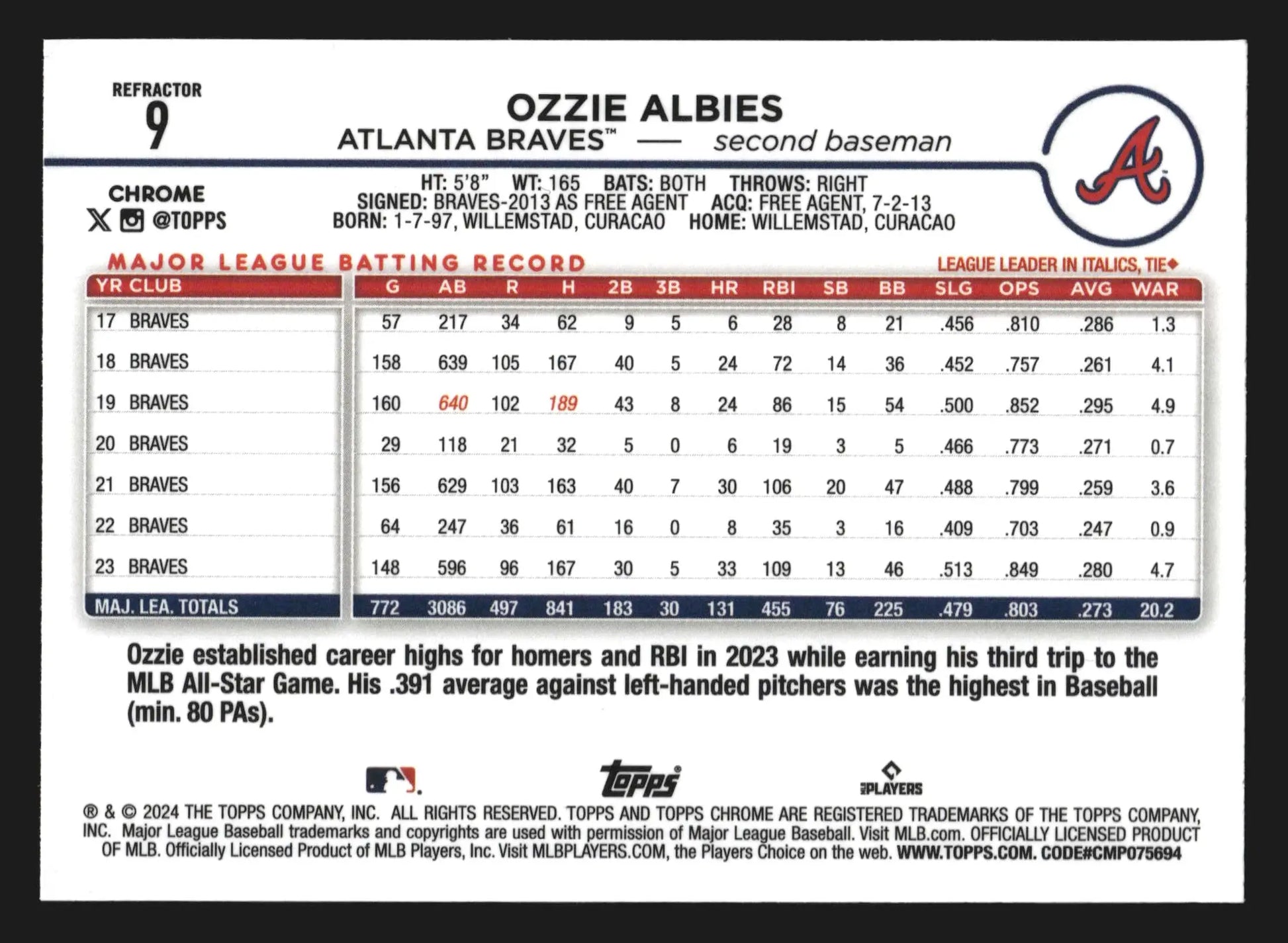 2024 Topps Chrome #9 Ozzie Albies Refractor Atlanta Braves