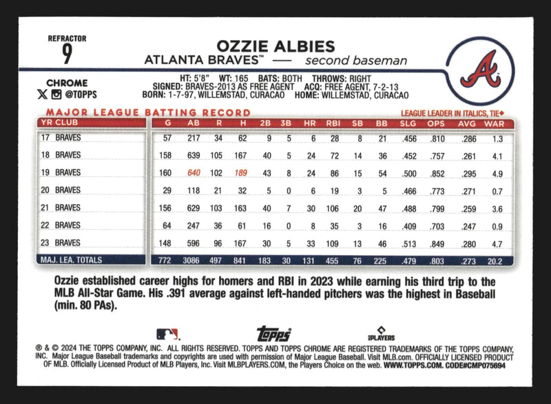 2024 Topps Chrome #9 Ozzie Albies Refractor Atlanta Braves