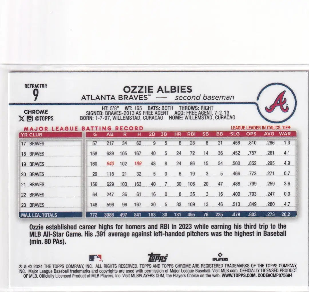 2024 TOPPS CHROME #9 OZZIE ALBIES REFRACTOR- ATLANTA BRAVES - Baseball Card Single