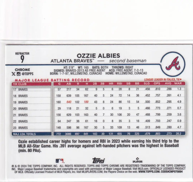 2024 TOPPS CHROME #9 OZZIE ALBIES REFRACTOR- ATLANTA BRAVES - Baseball Card Single