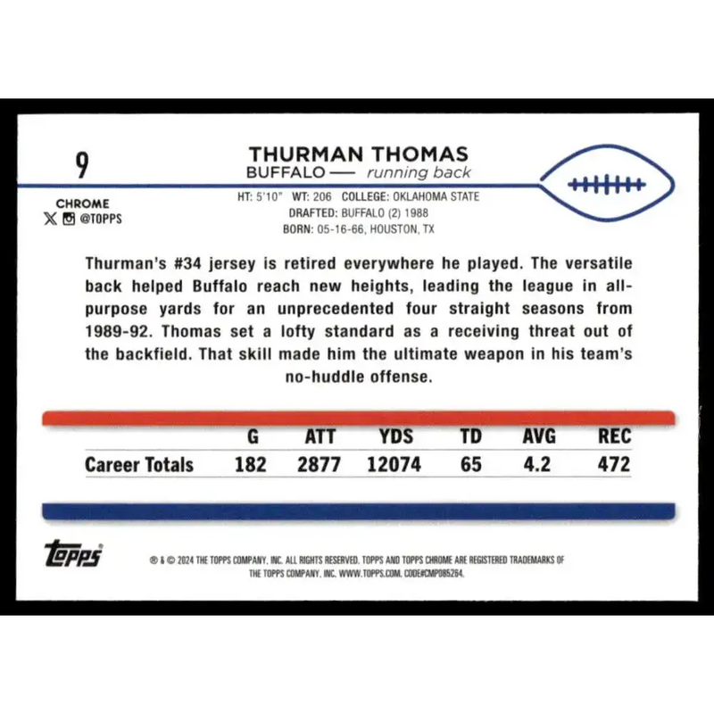 2024 Topps Chrome #9 Thurman Thomas NM-MT Buffalo Bills Football Card - Football Card Single