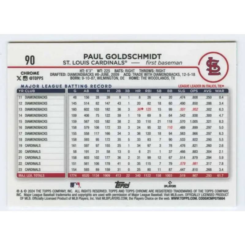 2024 Topps Chrome #90 Paul Goldschmidt NM-MT St Louis Cardinals Baseball Card - Baseball Card Single