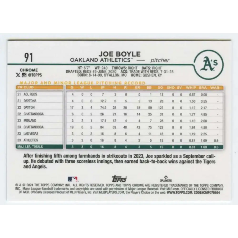 2024 Topps Chrome #91 Joe Boyle NM-MT RC Rookie Oakland Athletics Baseball Card - Baseball Card Single
