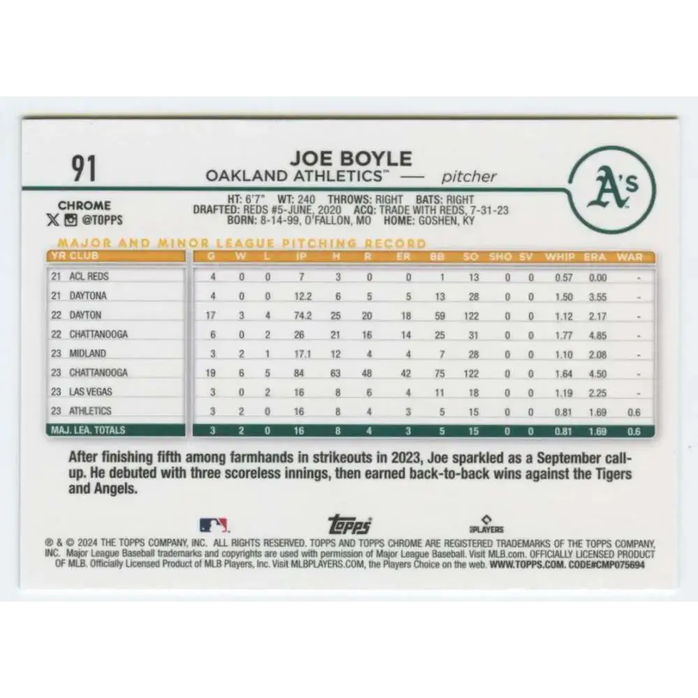 2024 Topps Chrome #91 Joe Boyle NM-MT RC Rookie Oakland Athletics Baseball Card - Baseball Card Single
