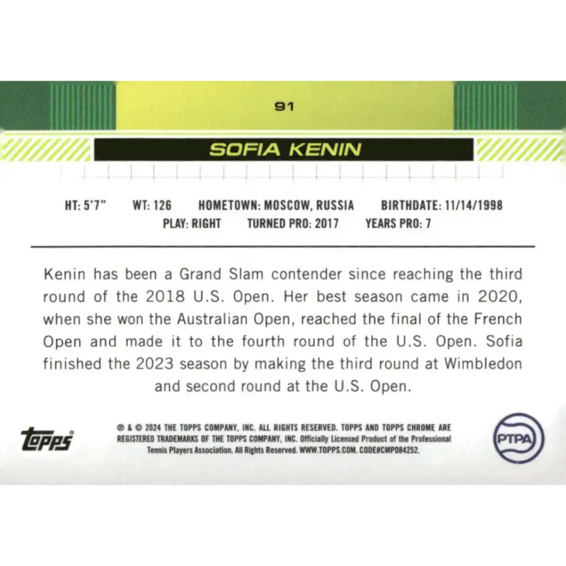 2024 Topps Chrome #91 Sofia Kenin EX Excellent Tennis Card - Other