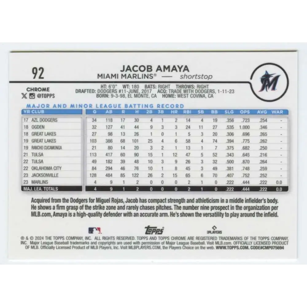 2024 Topps Chrome #92 Jacob Amaya NM-MT RC Rookie Miami Marlins Baseball Card - Baseball Card Single