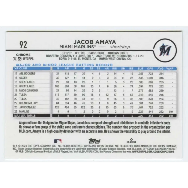 2024 Topps Chrome #92 Jacob Amaya NM-MT RC Rookie Miami Marlins Baseball Card - Baseball Card Single