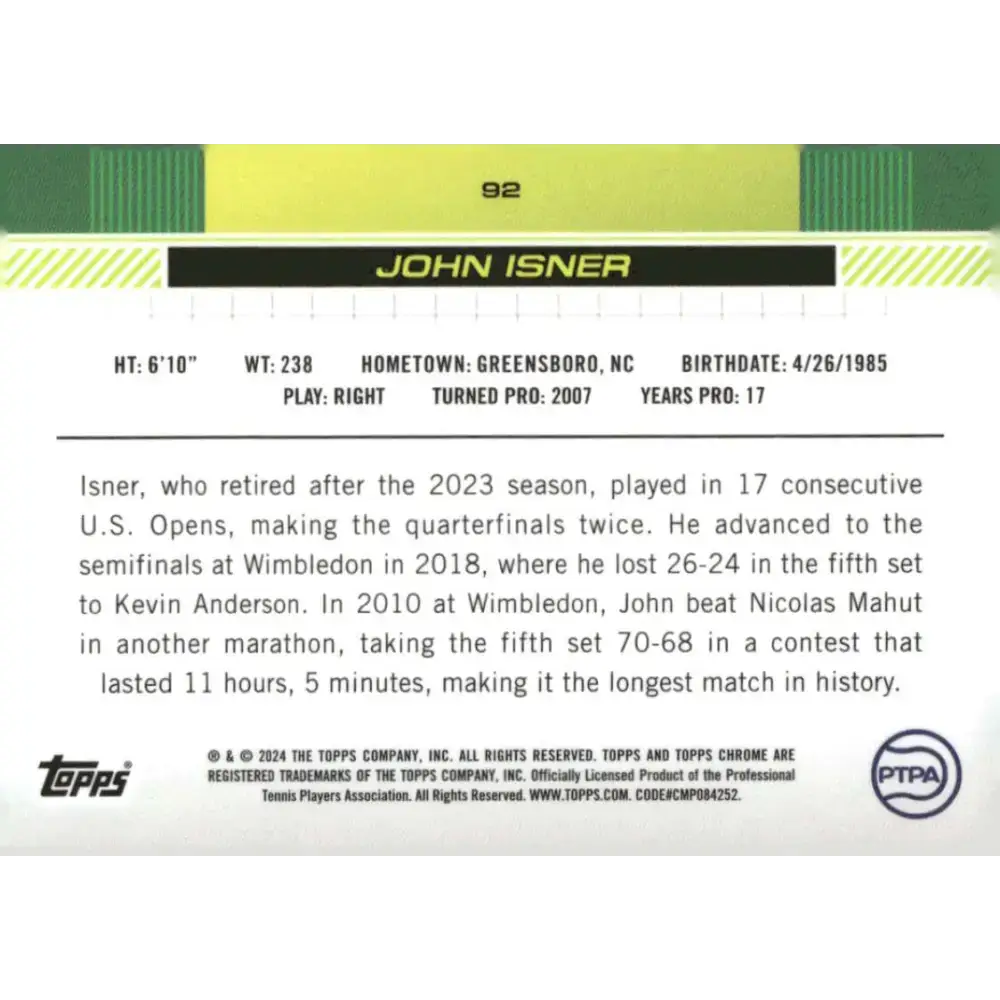 2024 Topps Chrome #92 John Isner EX Excellent Tennis Card - Other