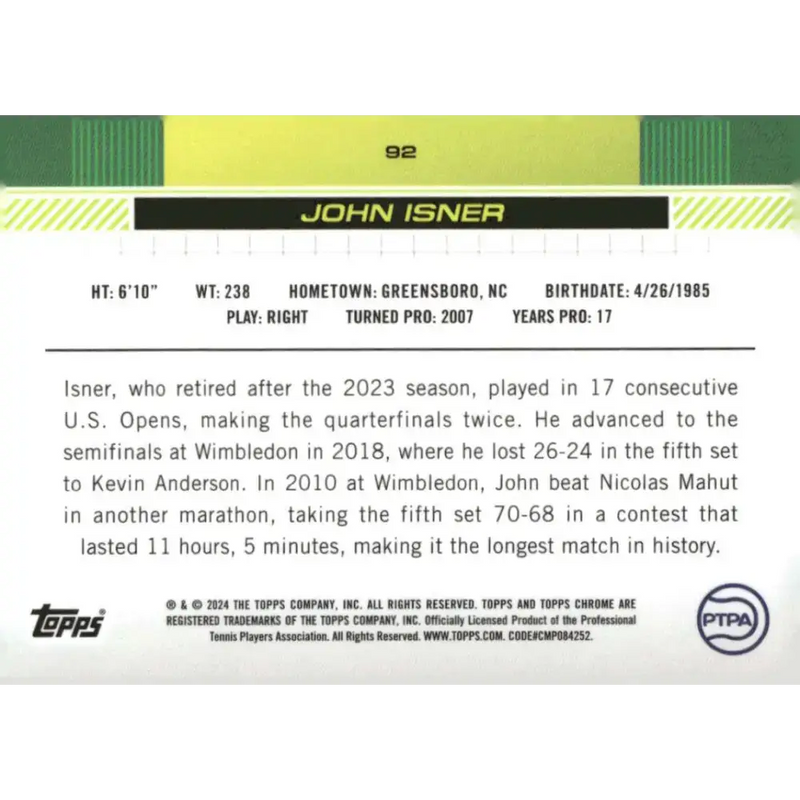 2024 Topps Chrome #92 John Isner EX Excellent Tennis Card - Other