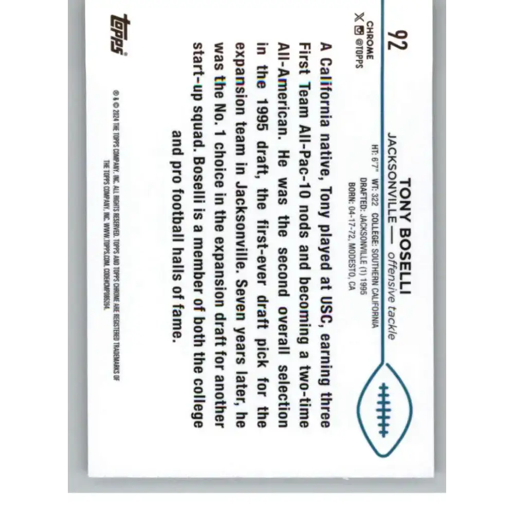 2024 Topps Chrome #92 Tony Boselli NM-MT Jacksonville Jaguars Football Card - Football Card Single