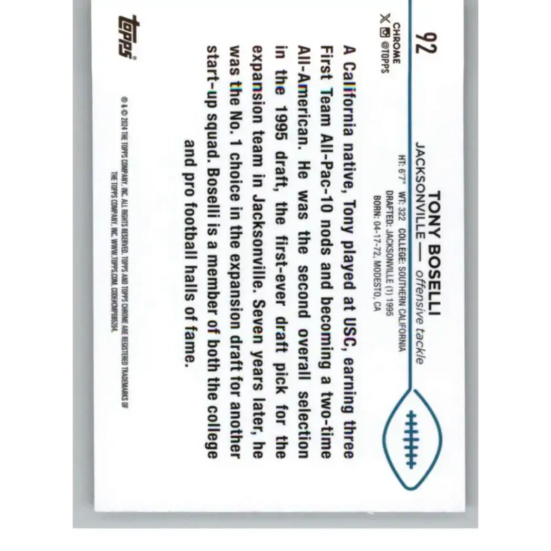 2024 Topps Chrome #92 Tony Boselli NM-MT Jacksonville Jaguars Football Card - Football Card Single