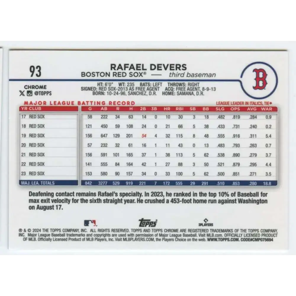 2024 Topps Chrome #93 Rafael Devers NM-MT Boston Red Sox Baseball Card - Baseball Card Single