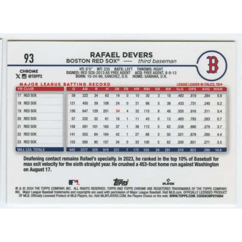 2024 Topps Chrome #93 Rafael Devers NM-MT Boston Red Sox Baseball Card - Baseball Card Single