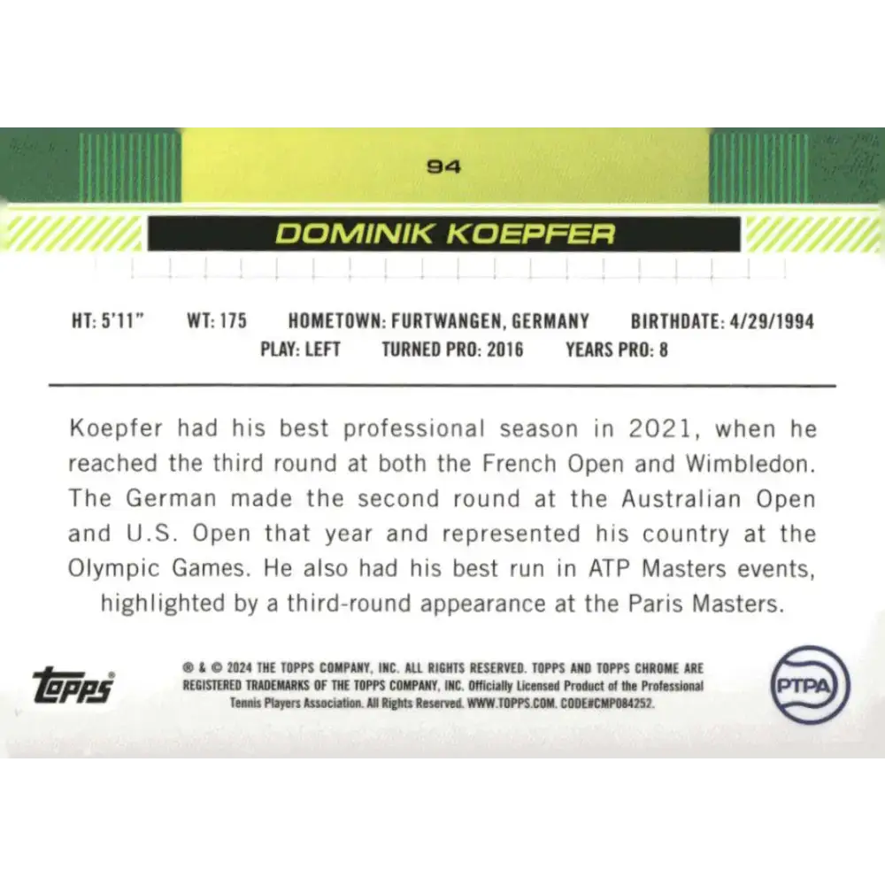 2024 Topps Chrome #94 Dominik Koepfer EX Excellent Tennis Card - Other