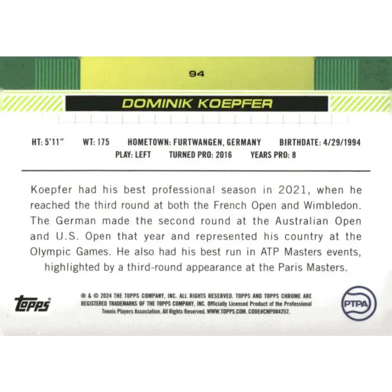 2024 Topps Chrome #94 Dominik Koepfer EX Excellent Tennis Card - Other