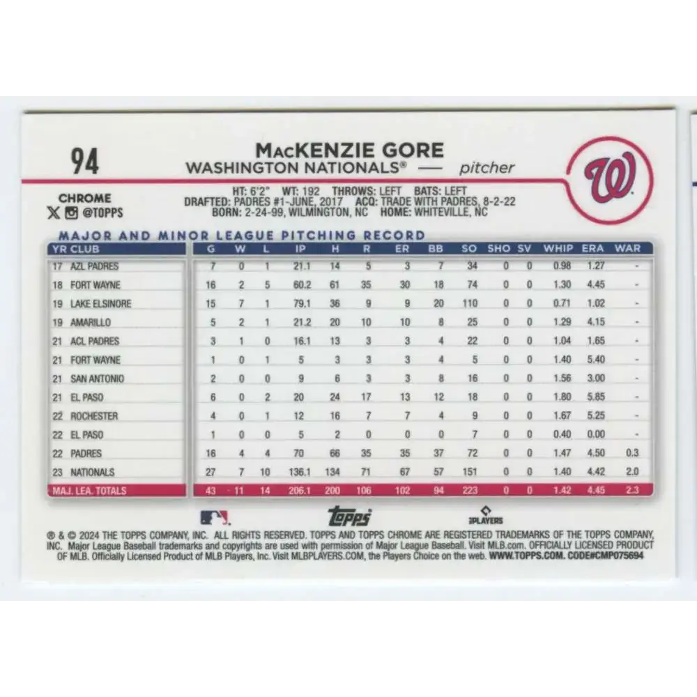 2024 Topps Chrome #94 MacKenzie Gore NM-MT Washington Nationals Baseball Card - Baseball Card Single