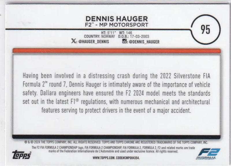2024 TOPPS CHROME #95 DENNIS HAUGER CHECKER- MP MOTORSPORT