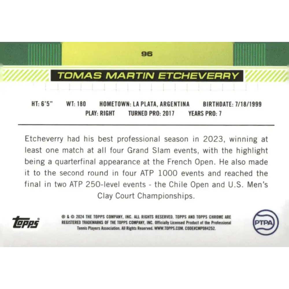 2024 Topps Chrome #96 Tomas Martin Etcheverry EX Excellent Tennis Card - Tennis Card Single
