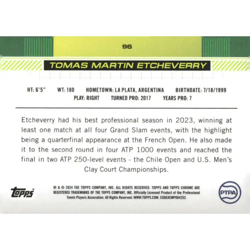 2024 Topps Chrome #96 Tomas Martin Etcheverry EX Excellent Tennis Card - Tennis Card Single