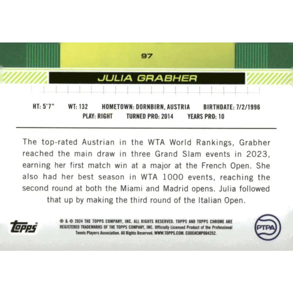 2024 Topps Chrome #97 Julia Grabher EX Excellent Tennis Card - Other