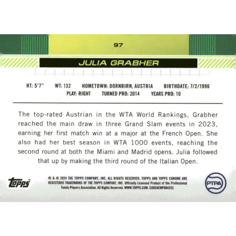 2024 Topps Chrome #97 Julia Grabher EX Excellent Tennis Card - Other