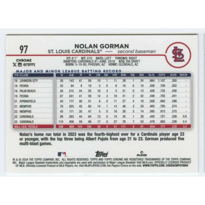 2024 Topps Chrome #97 Nolan Gorman NM-MT St Louis Cardinals Baseball Card - Baseball Card Single