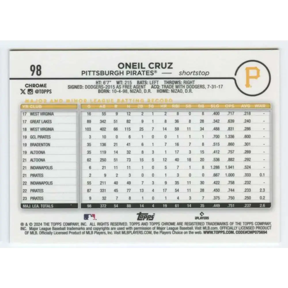 2024 Topps Chrome #98 Oneil Cruz NM-MT Pittsburgh Pirates Baseball Card - Baseball Card Single