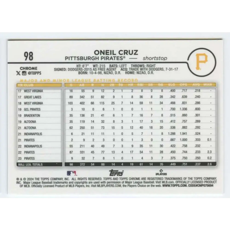 2024 Topps Chrome #98 Oneil Cruz NM-MT Pittsburgh Pirates Baseball Card - Baseball Card Single