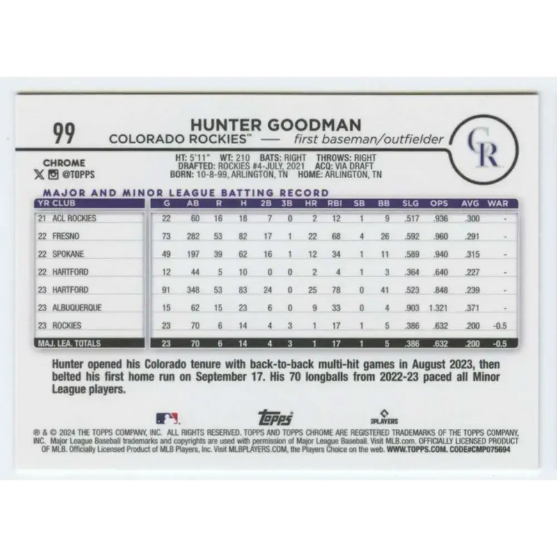 2024 Topps Chrome #99 Hunter Goodman NM-MT RC Rookie Colorado Rockies Baseball Card - Baseball Card Single