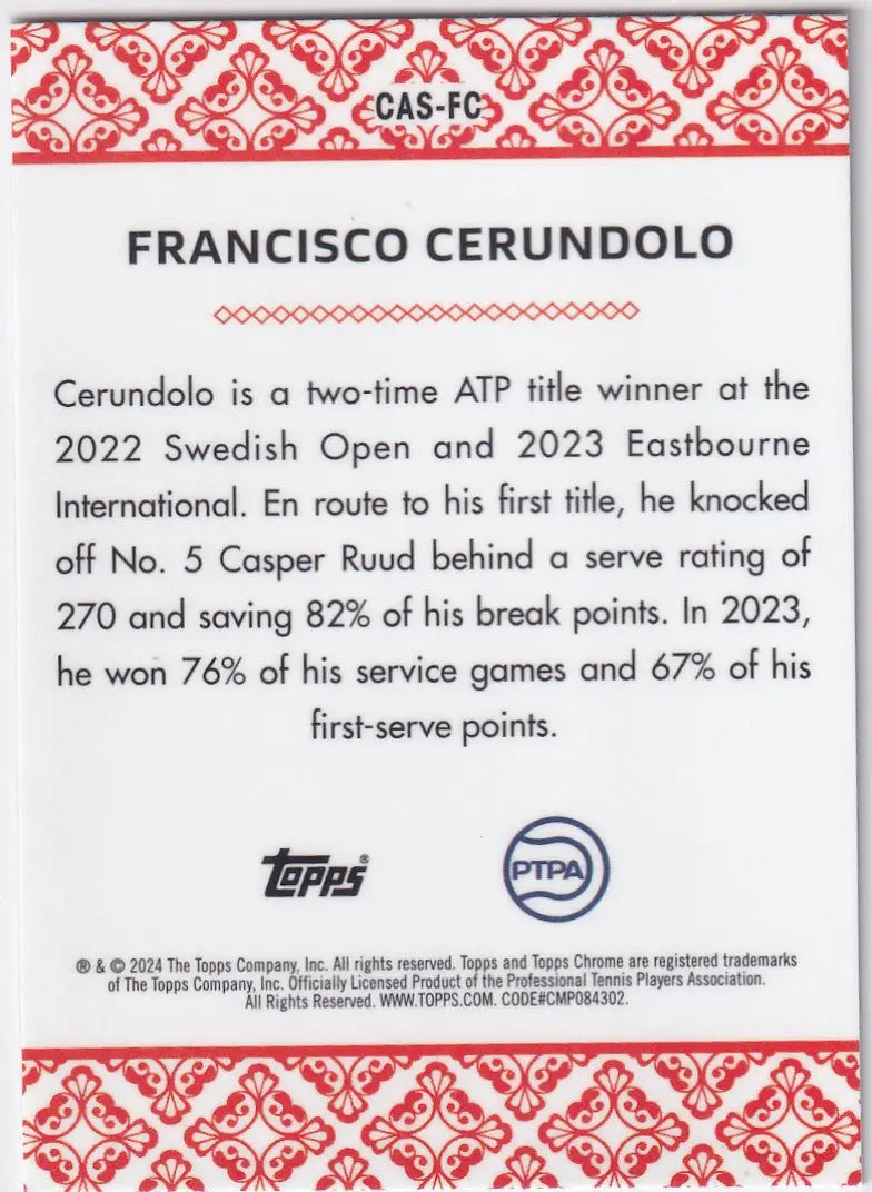 Trading card of Francisco Cerundolo from Topps Chrome Aces showcasing his stats and achievements