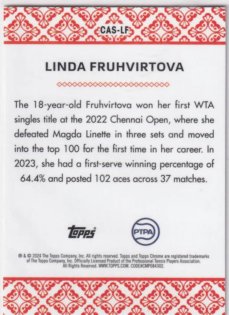 Trading card of Linda Fruhvirtova with career stats from Topps Chrome Aces