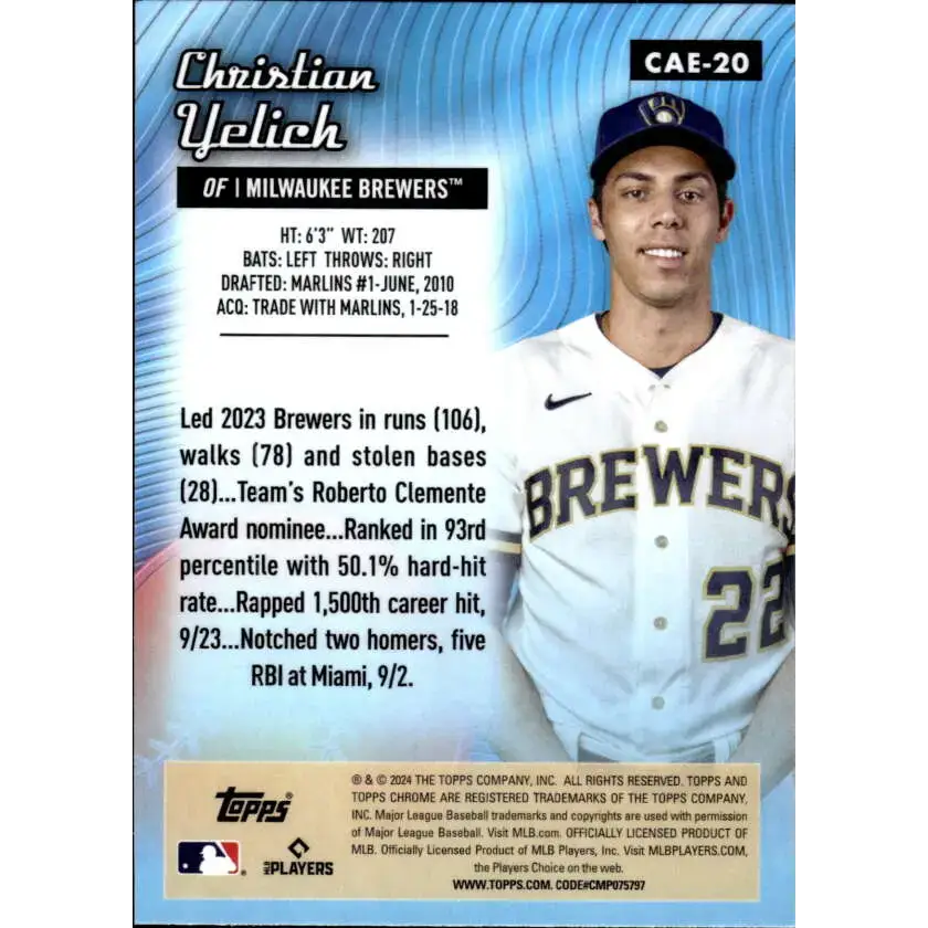 2024 Topps Chrome All Etch Refractor #CAE-20 Christian Yelich NM-MT Milwaukee Brewers Baseball Card - Baseball Card