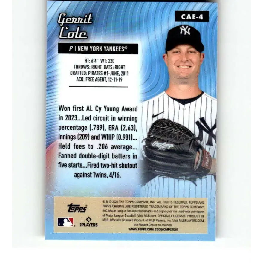 2024 Topps Chrome All Etch Refractor #CAE-4 Gerrit Cole NM-MT New York Yankees Baseball Card - Baseball Card