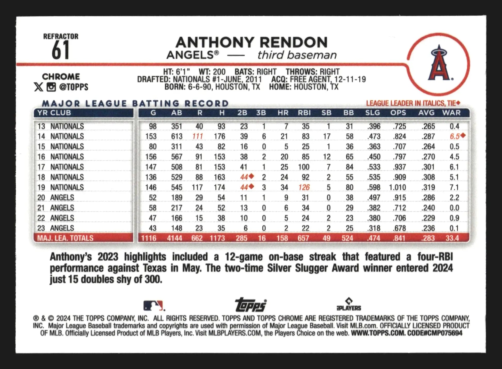 2024 Topps Chrome Anthony Rendon #61 Refractor Los Angeles Angels - Baseball Card Single