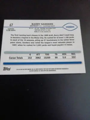 2024 Topps Chrome - Barry Sanders #67. Detroit Lions. NRMT+ - Football Card Single
