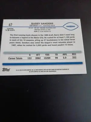 2024 Topps Chrome - Barry Sanders #67. Detroit Lions. NRMT+ - Football Card Single