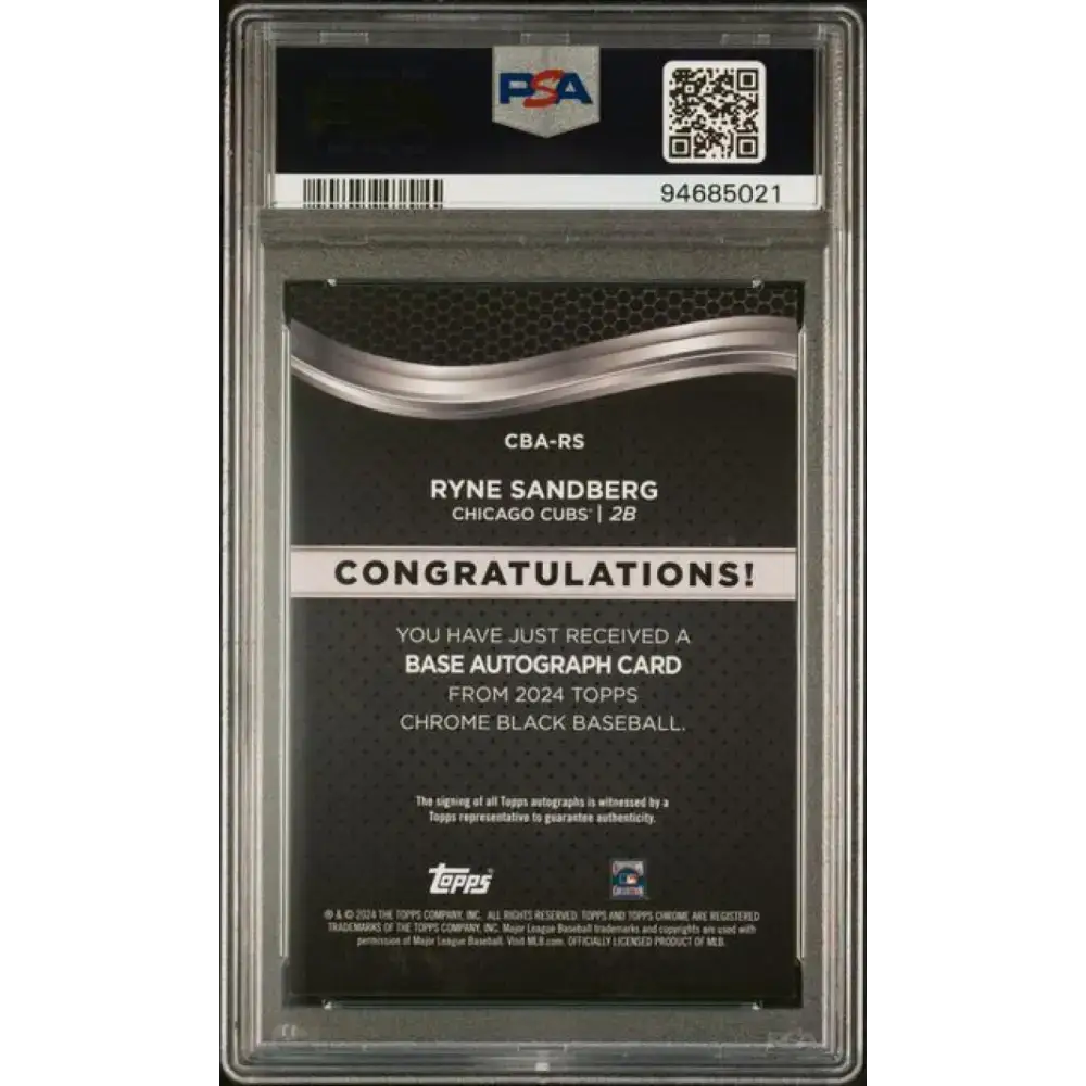 2024 Topps Chrome Black #CBA-RS Ryne Sandberg PSA 10 GEM MINT Auto Chicago Cubs Baseball Card - Baseball Card Single