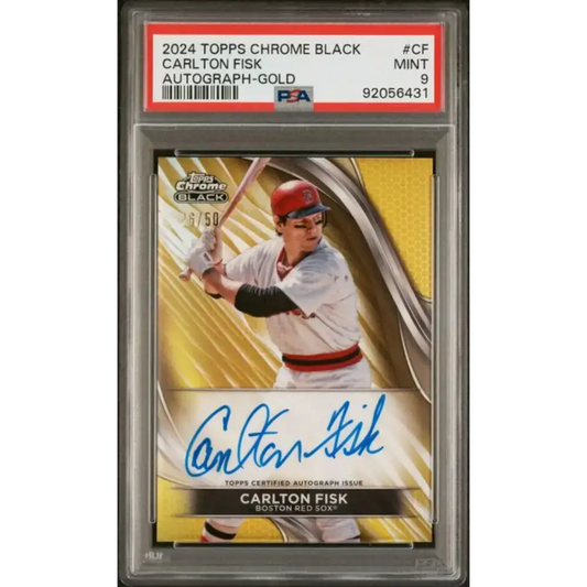 2024 Topps Chrome Black Refractor Gold #CBA-CF Carlton Fisk PSA 9 MINT Auto 26/50 Boston Red Sox Baseball Card
