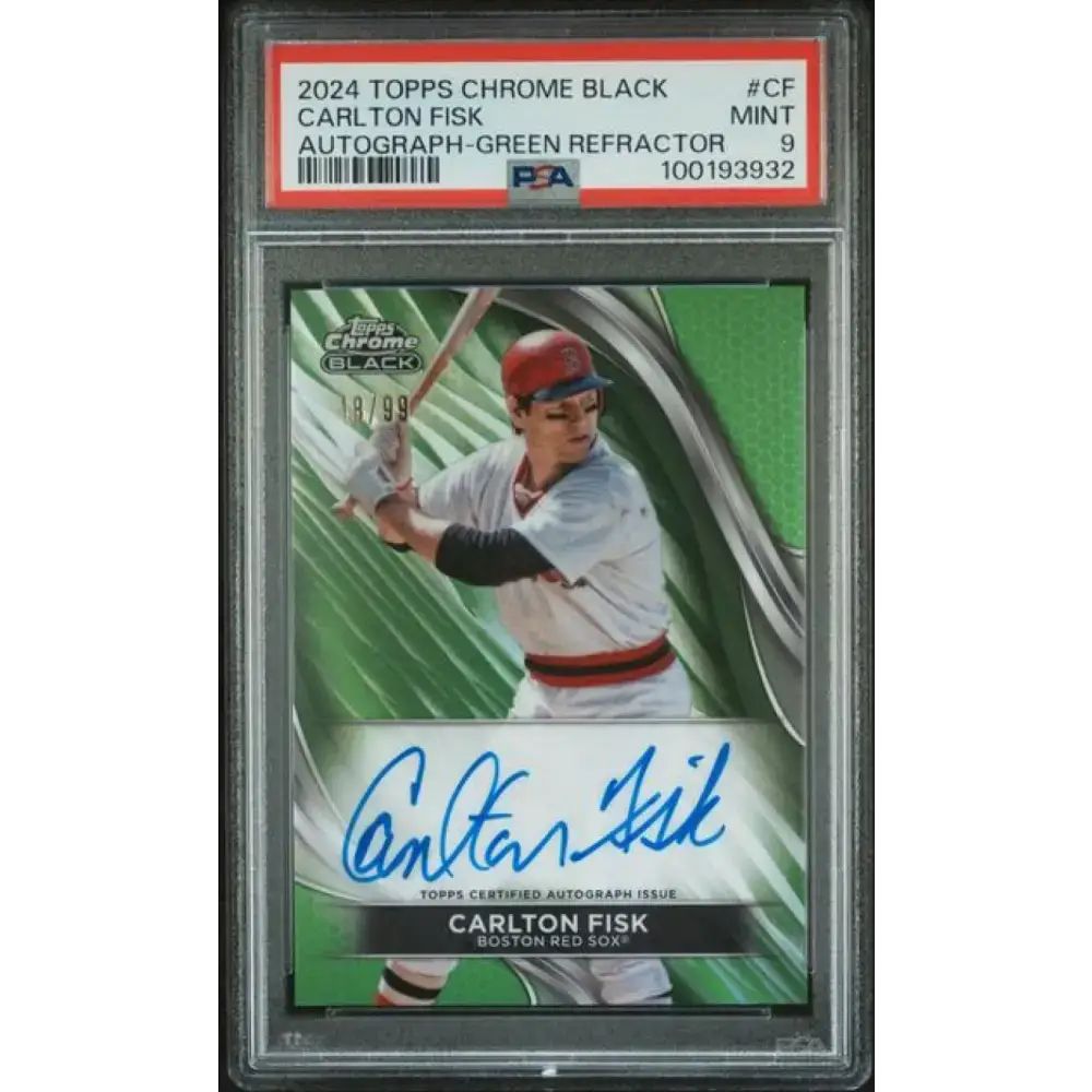 2024 Topps Chrome Black Refractor Green #CBA-CF Carlton Fisk PSA 9 MINT Auto 18/99 Boston Red Sox Baseball Card
