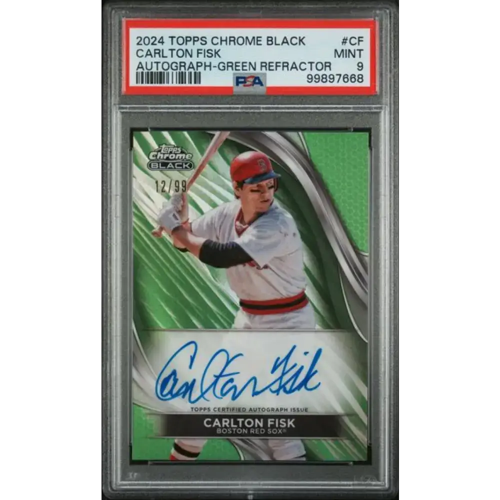 2024 Topps Chrome Black Refractor Green #CBA-CF Carlton Fisk PSA 9 MINT Auto 12/99 Boston Red Sox Baseball Card